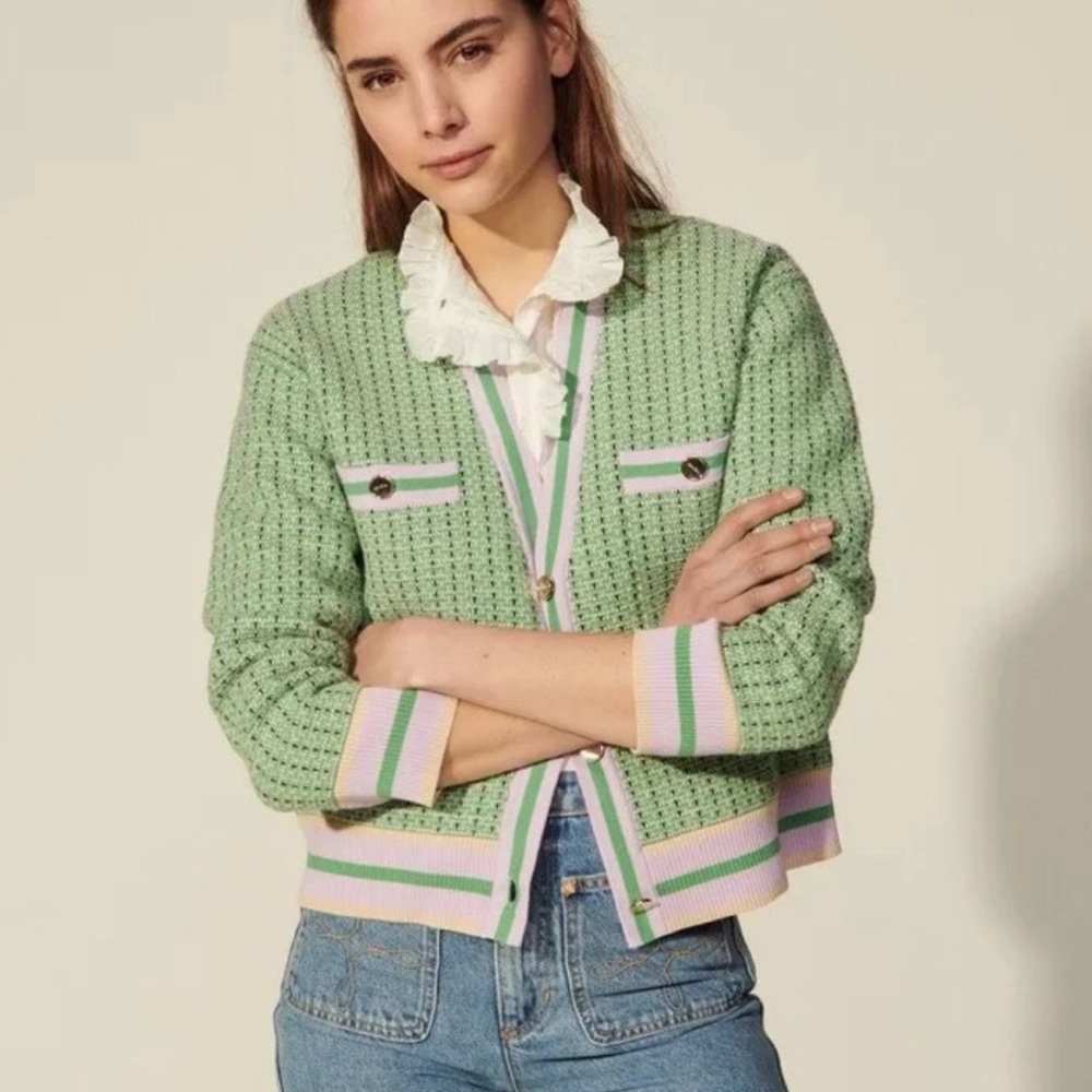 Sandro Mint Green and Pink Cropped Knit Cardigan